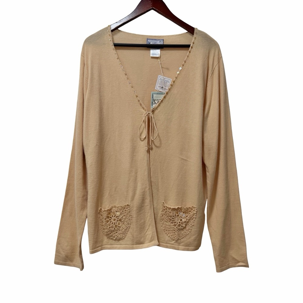 April Cornell Embroidered‎ Sequin Crochet Tie Front Cardigan Size L Grandmacore